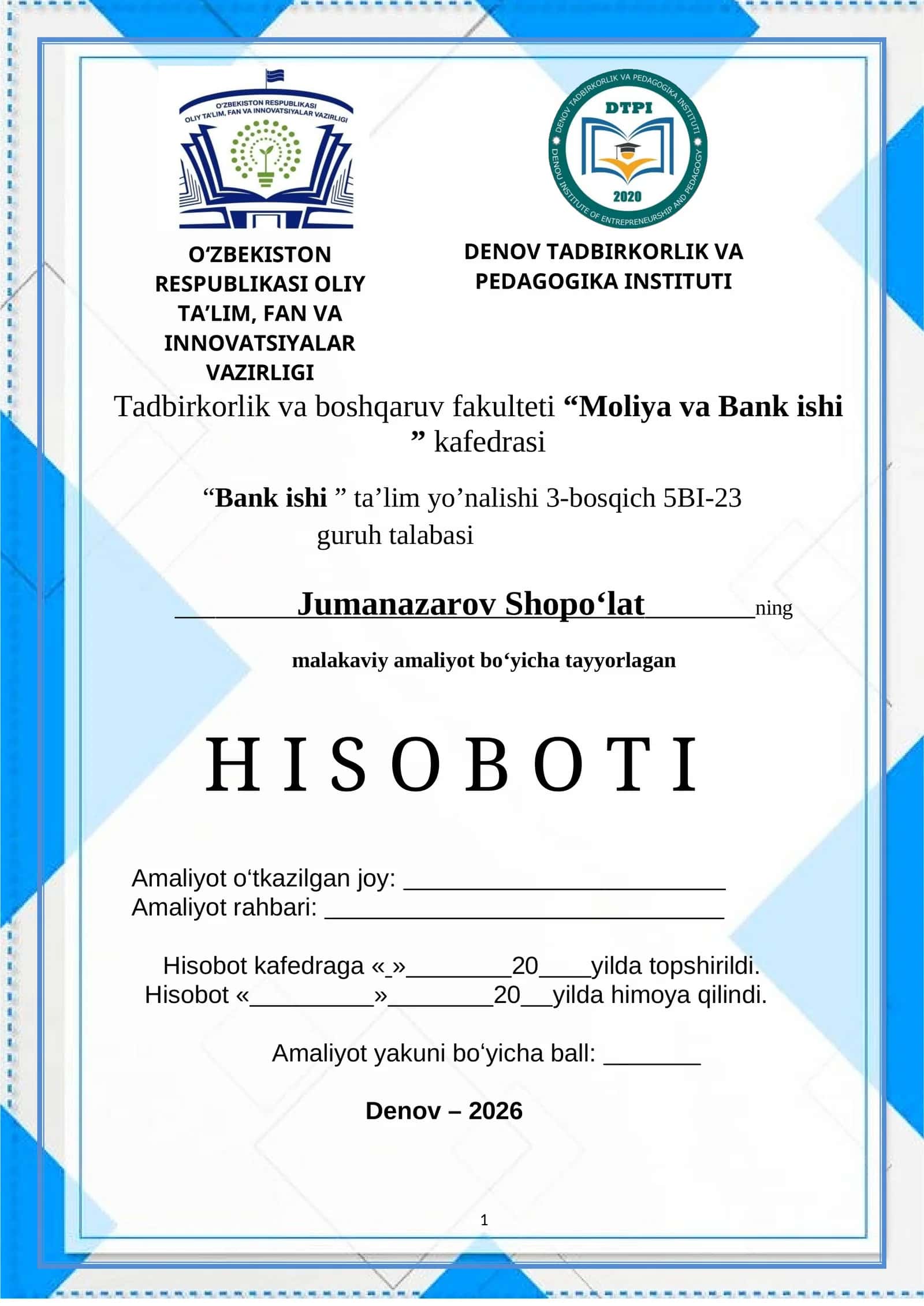 Abgrobok hamda ATB "Agrobank" DENOV FILIALI haqida AMALYOT HISOBOT 1