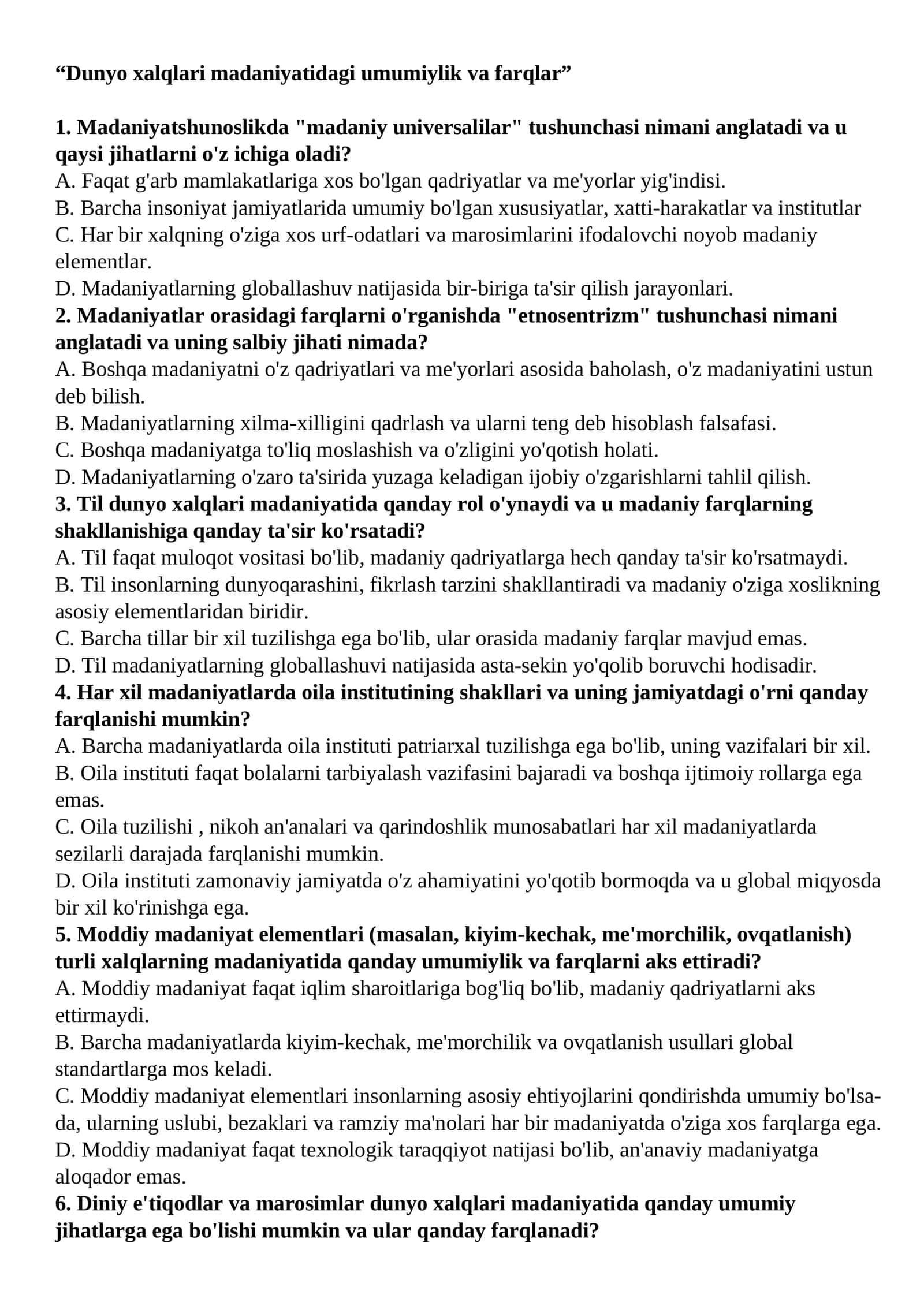 “Dunyo xalqlari madaniyatidagi umumiylik va farqlar” Test 1