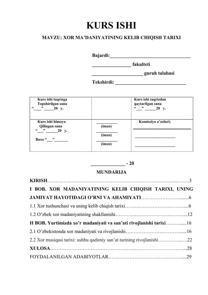 Kurs Ishi "Xor Ma'daniyatining Kelib Chiqish Tarixi" 1
