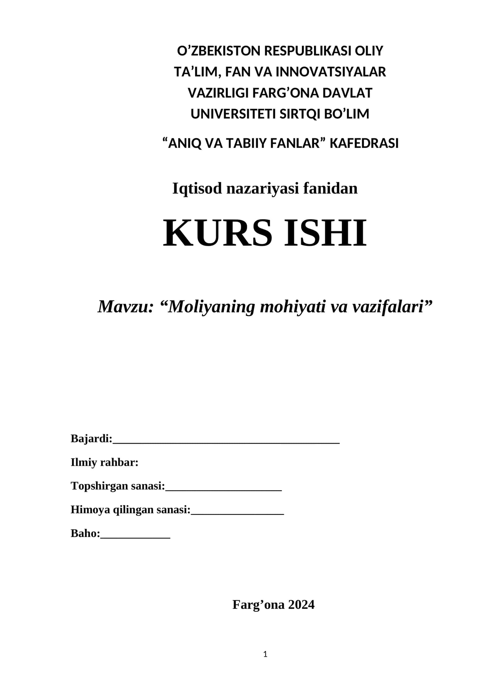 KURS ISHI: “Moliyaning mohiyati va vazifalari” 1
