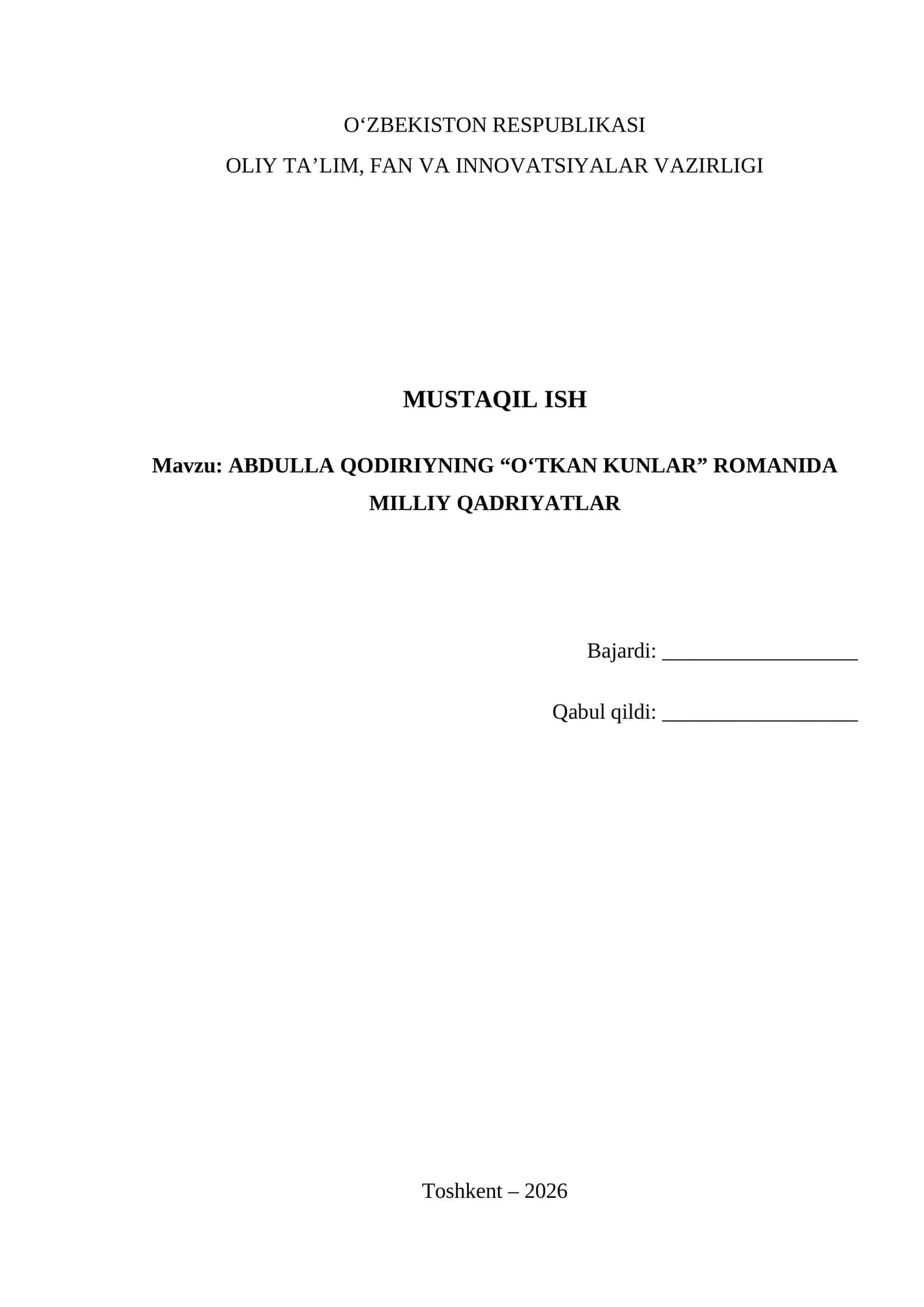 ABDULLA QODIRIYNING “O‘TKAN KUNLAR” ROMANIDA MILLIY QADRIYATLAR 1
