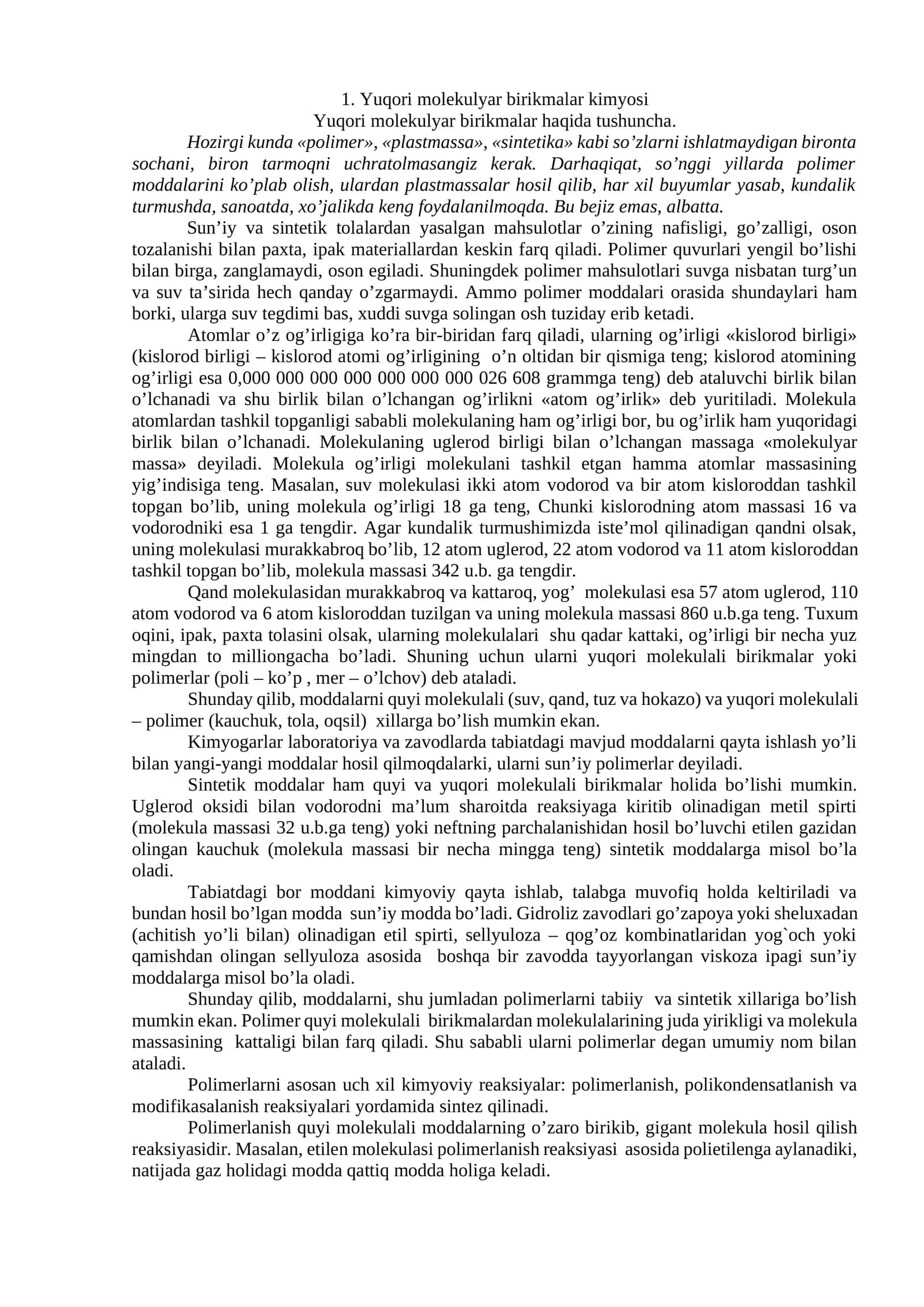 Yuqоri mоlеkulyar birikmаlаr kimyosi 1