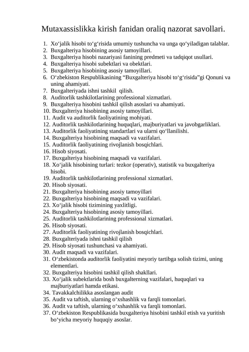 Mutaxassislikka kirish fanidan oraliq nazorat savollari 1