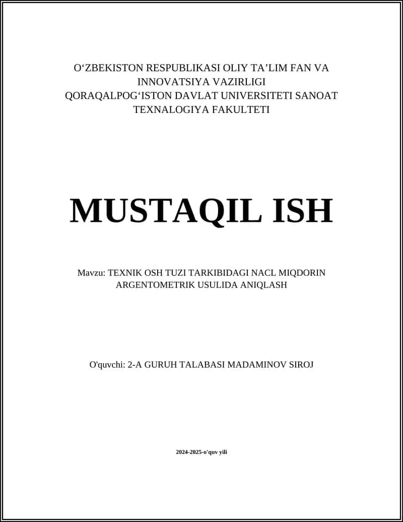 TEXNIK OSH TUZI TARKIBIDAGI NACL MIQDORIN ARGENTOMETRIK USULIDA ANIQLASH 1
