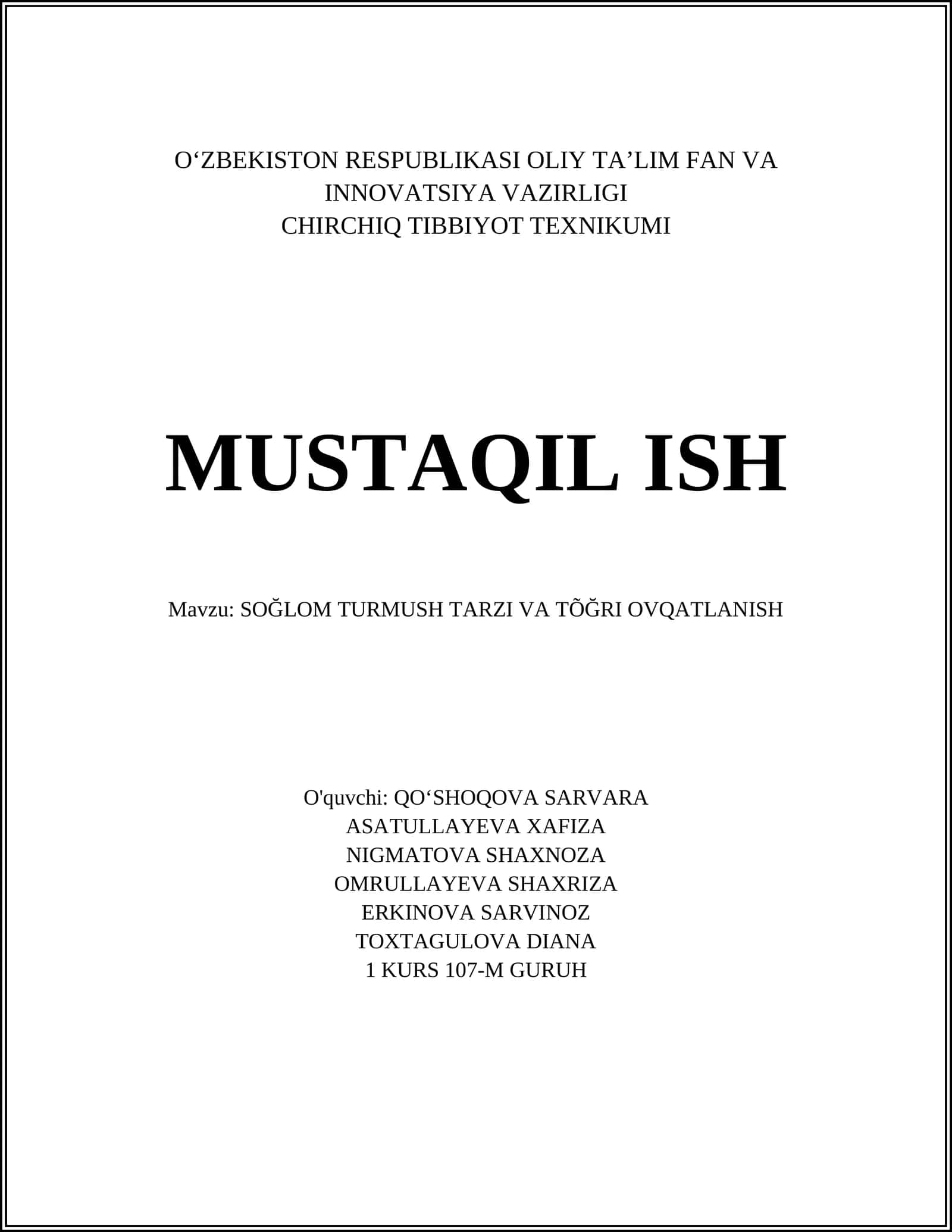 SOĞLOM TURMUSH TARZI VA TÕĞRI OVQATLANISH 1