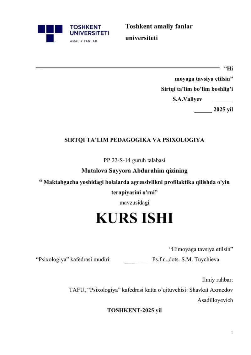 Maktabgacha yoshidagi bolalarda agressivlikni profilaktika qilishda o'yin terapiyasini o'rni 1