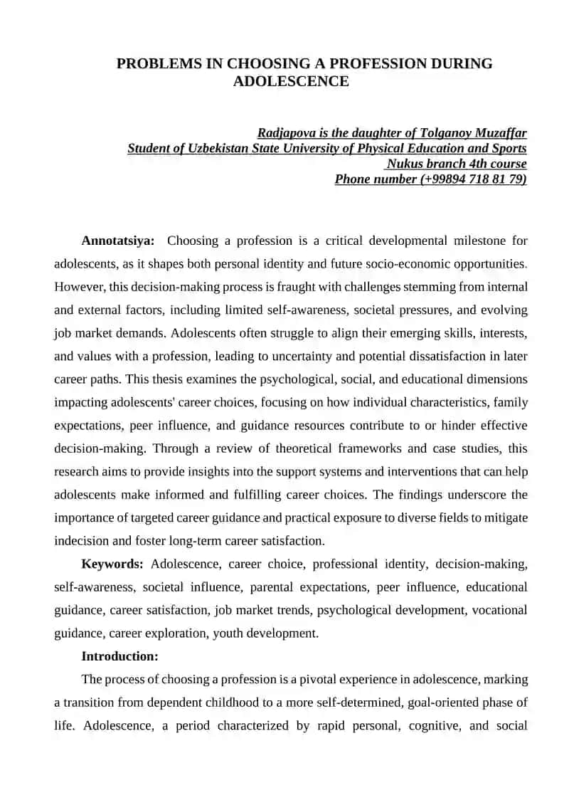 PROBLEMS IN CHOOSING A PROFESSION DURING ADOLESCENCE 1