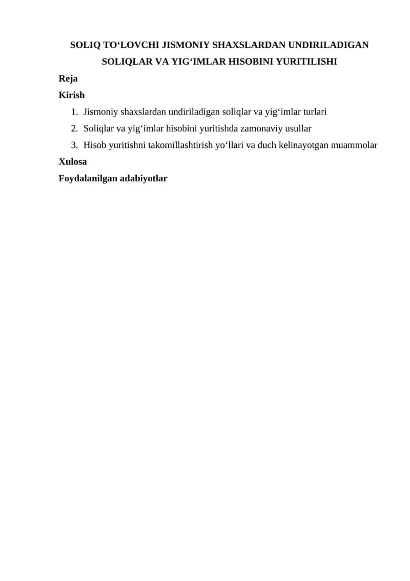 SOLIQ TO‘LOVCHI JISMONIY SHAXSLARDAN UNDIRILADIGAN SOLIQLAR VA YIG‘IMLAR HISOBINI YURITILISHI 1