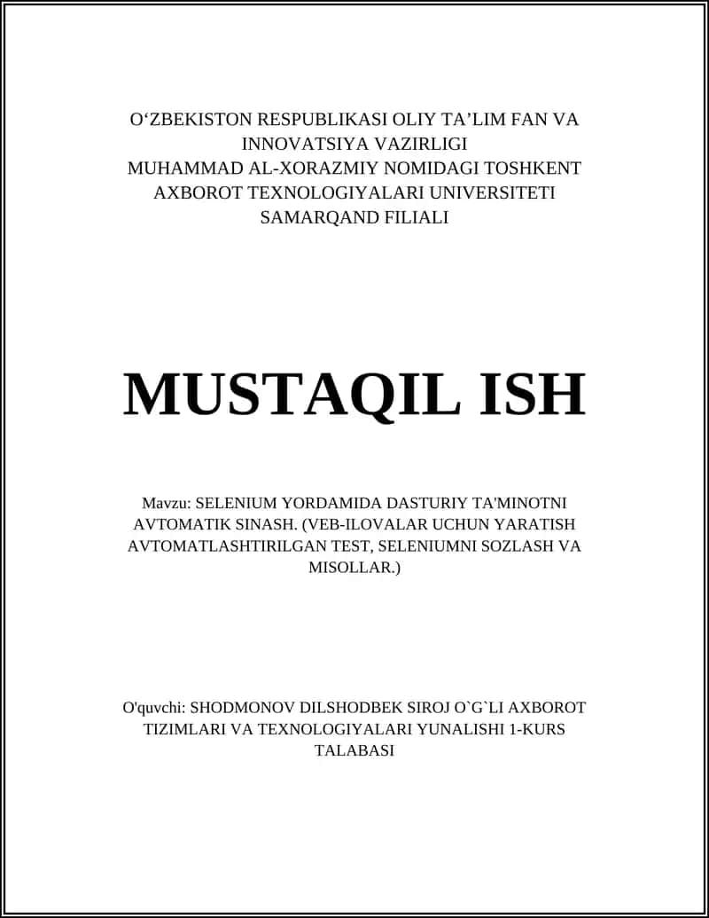 SELENIUM YORDAMIDA DASTURIY TA'MINOTNI AVTOMATIK SINASH 1