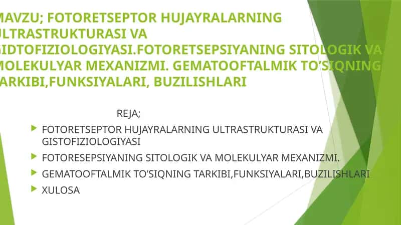 FOTORETSEPTOR HUJAYRALARNING ULTRASTRUKTURASI VA GIDTOFIZIOLOGIYASI.FOTORETSEPSIYANING SITOLOGIK VA MOLEKULYAR MEXANIZMI. GEMATOOFTALMIK TO’SIQNING TARKIBI,FUNKSIYALARI, BUZILISHLARI 1
