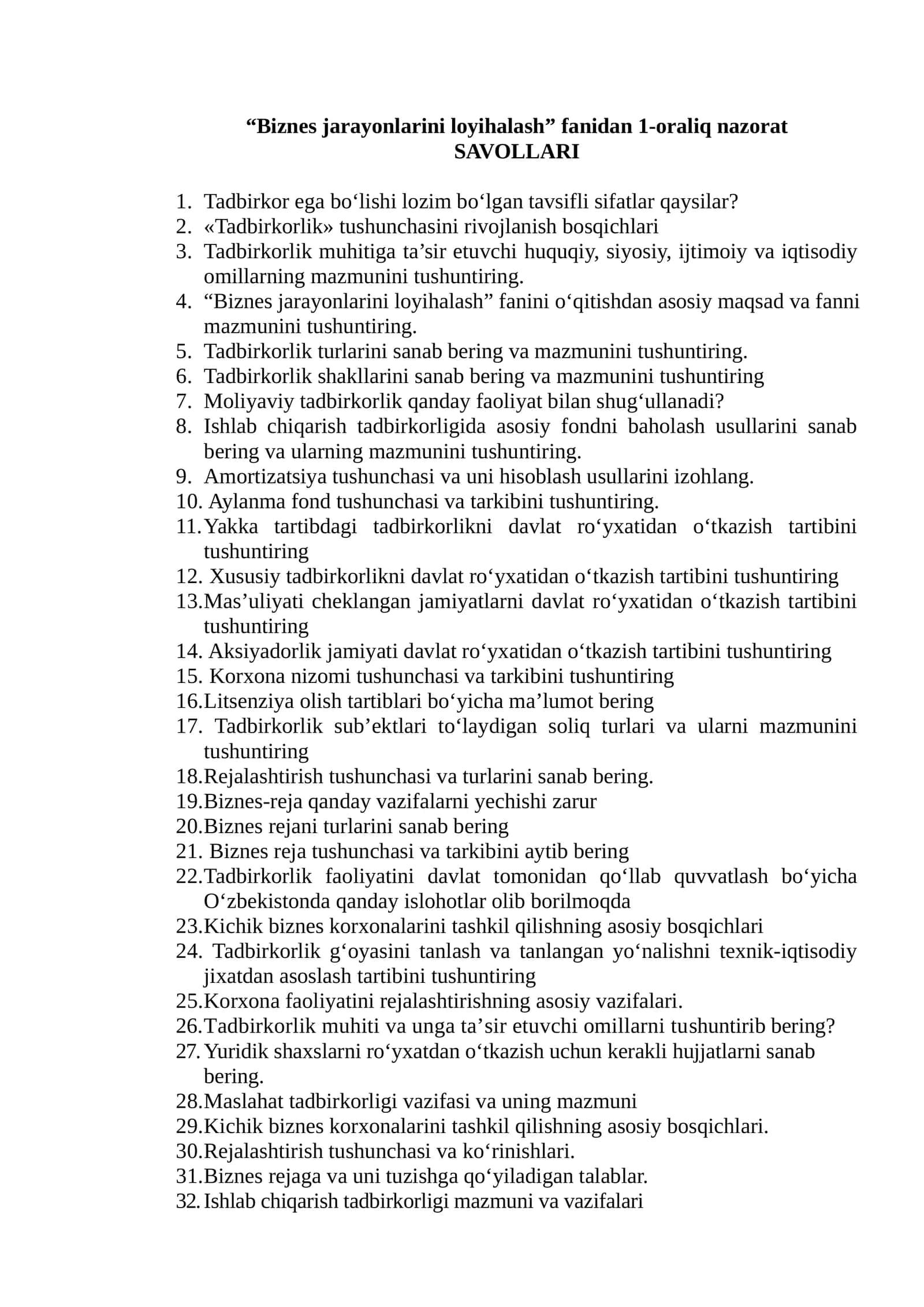 Biznes jarayonlarini loyihalash fanidan 1-oraliq nazorat 1