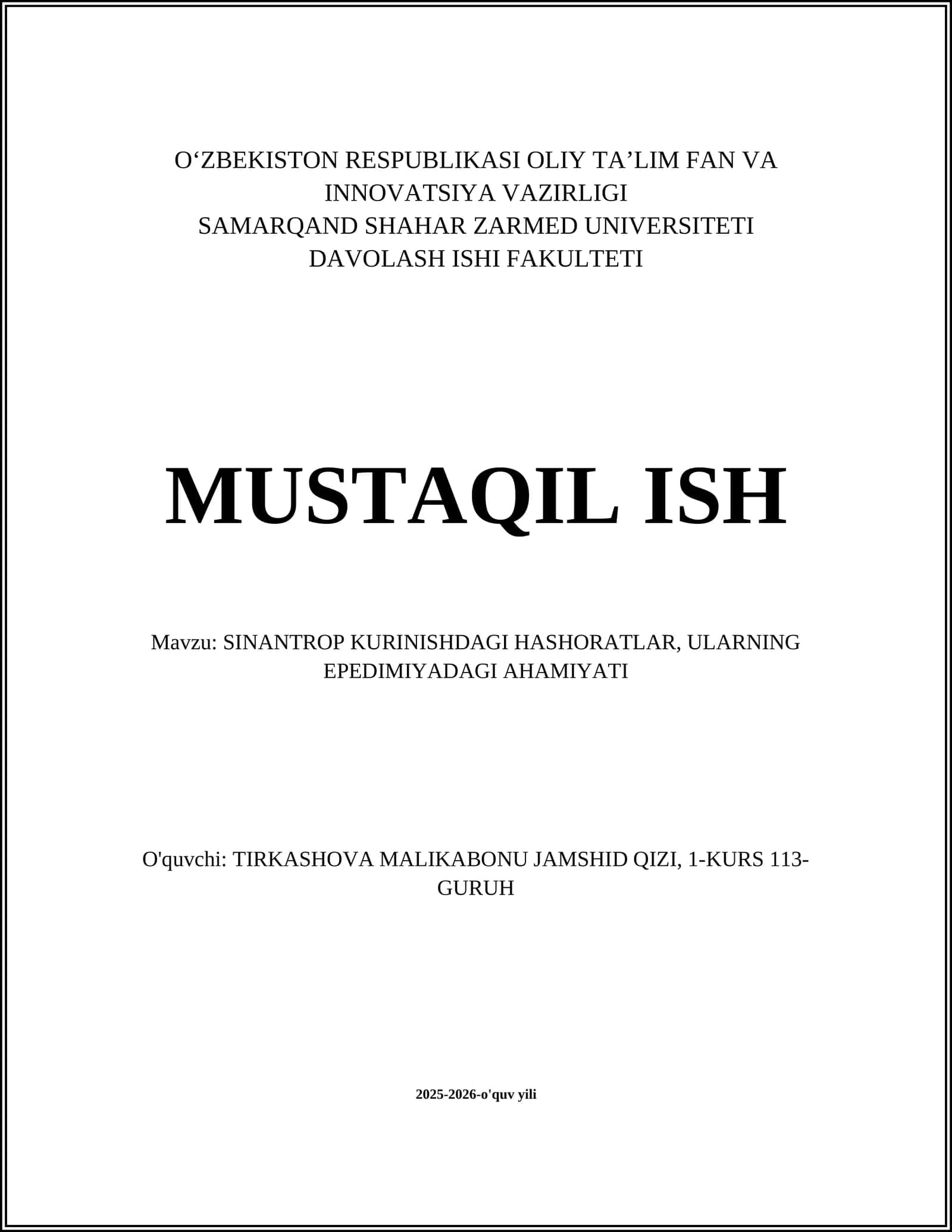 SINANTROP KURINISHDAGI HASHORATLAR 1