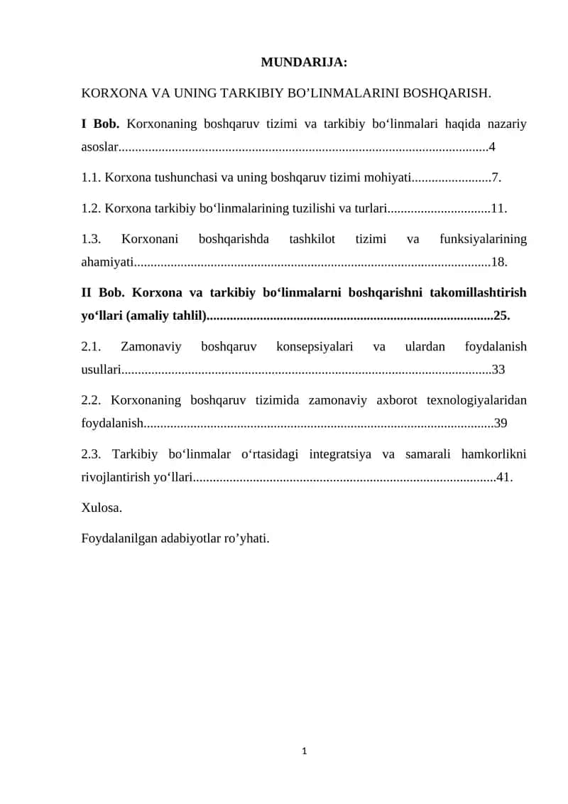 Korxona va uning tarkibiy bo’linmalarini boshqarish 1