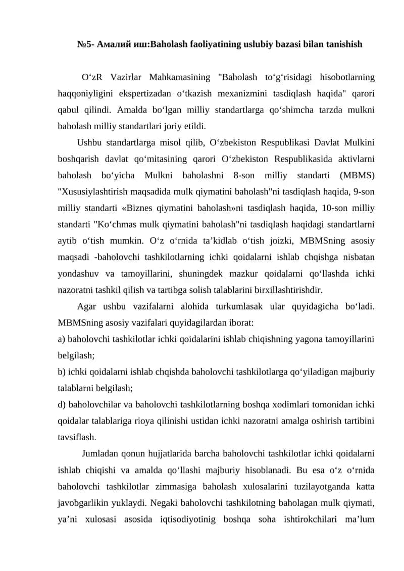 Baholash faoliyatining uslubiy bazasi bilan tanishish 1