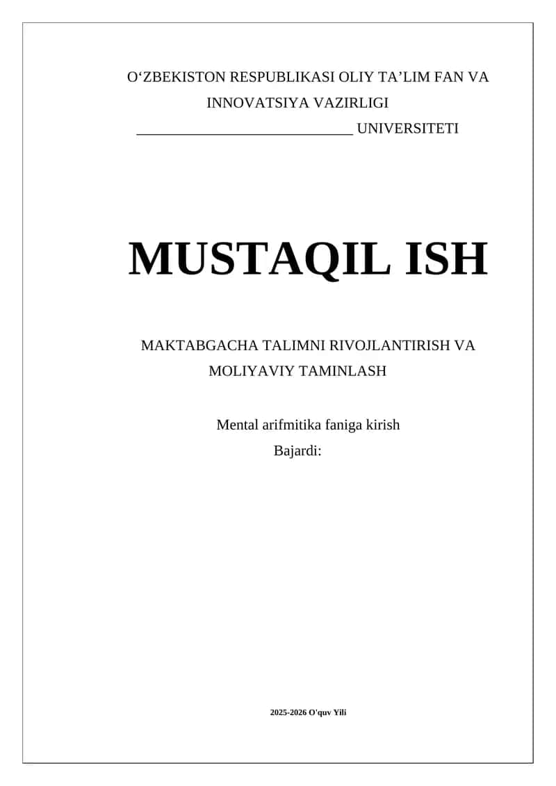 Maktabgacha talimning rivojlanishi va moliyaviy taminlash 1