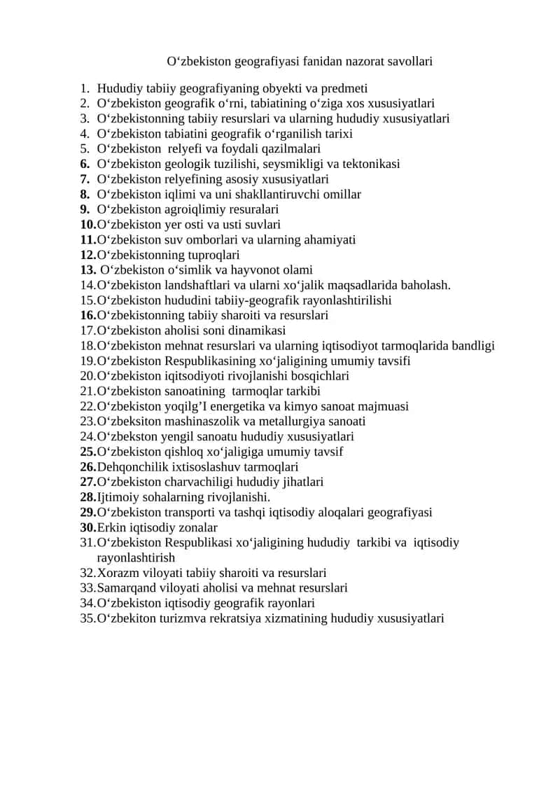 Oʻzbekiston geografiyasi fanidan nazorat savollari 1