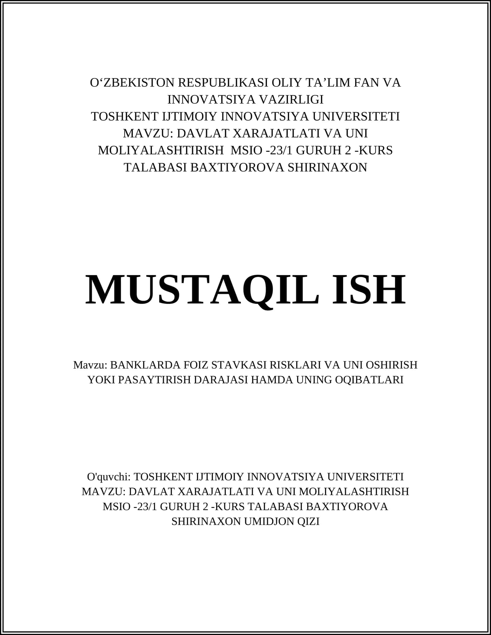 DAVLAT XARAJATLATI VA UNI MOLIYALASHTIRISH MSIO -23/1 GURUH 2 -KURS TALABASI BAXTIYOROVA SHIRINAXON 1