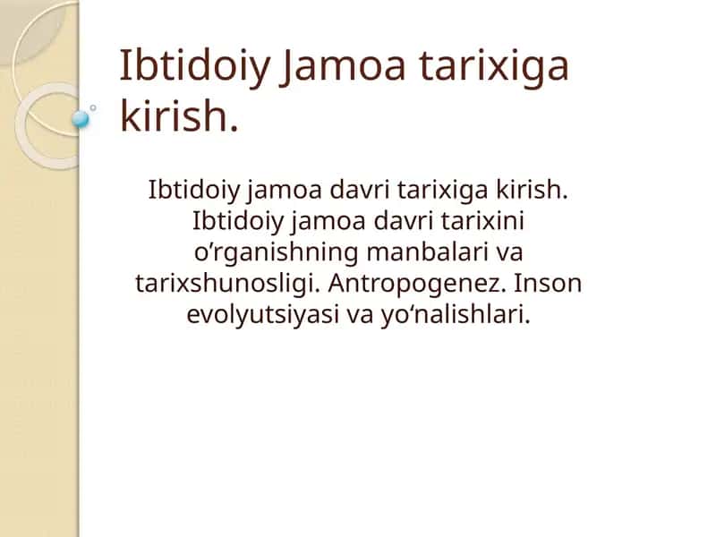 Ibtidoiy jamoa tarixiga kirish 1