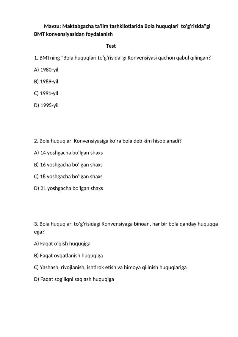 Maktabgacha ta'lim tashkilotlarida Bola huquqlari to'g'risida"gi BMT konvensiyasidan foydalanish 1