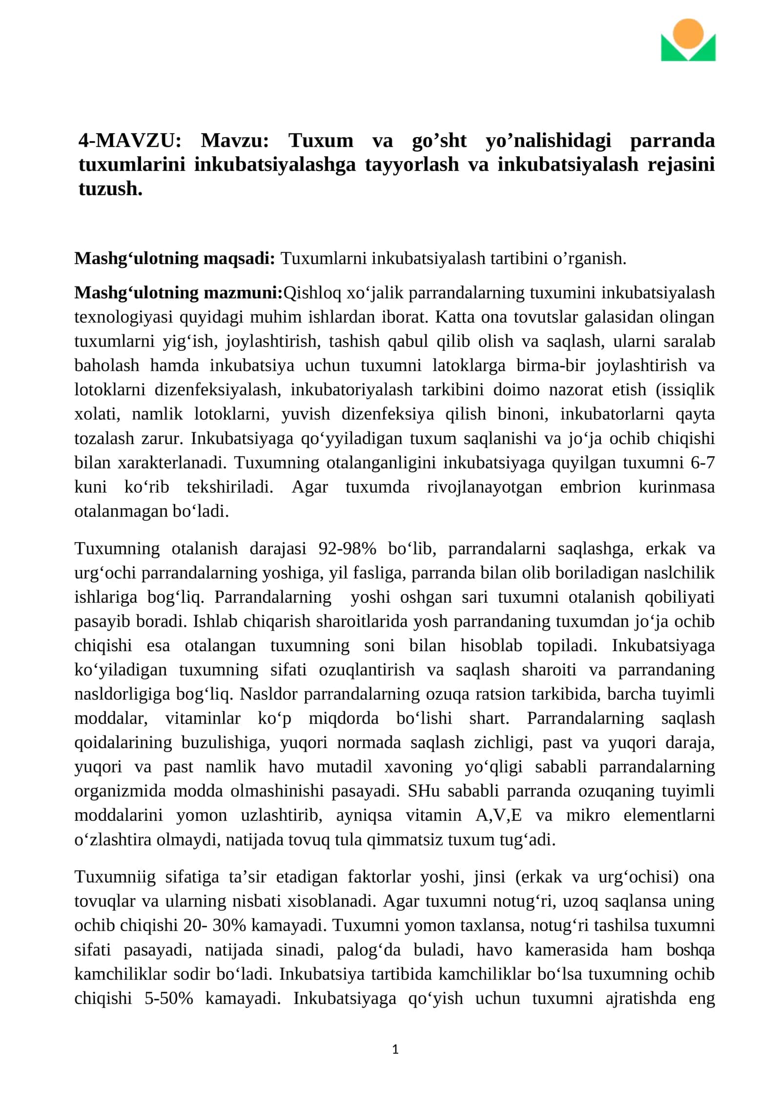 Tuxum va go’sht yo’nalishidagi parranda tuxumlarini inkubatsiyalashga tayyorlash va inkubatsiyalash rejasini tuzush 1
