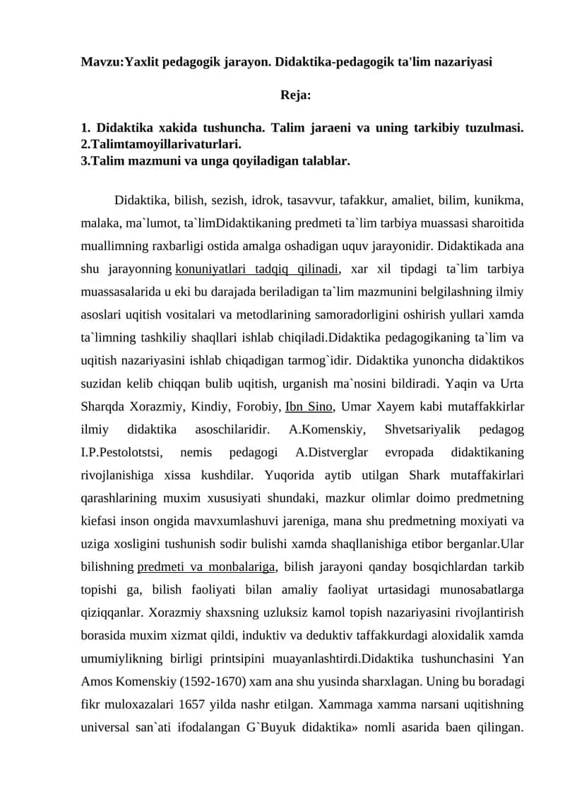Yaxlit pedagogik jarayon. Didaktika-pedagogik ta'lim nazariyasi 1