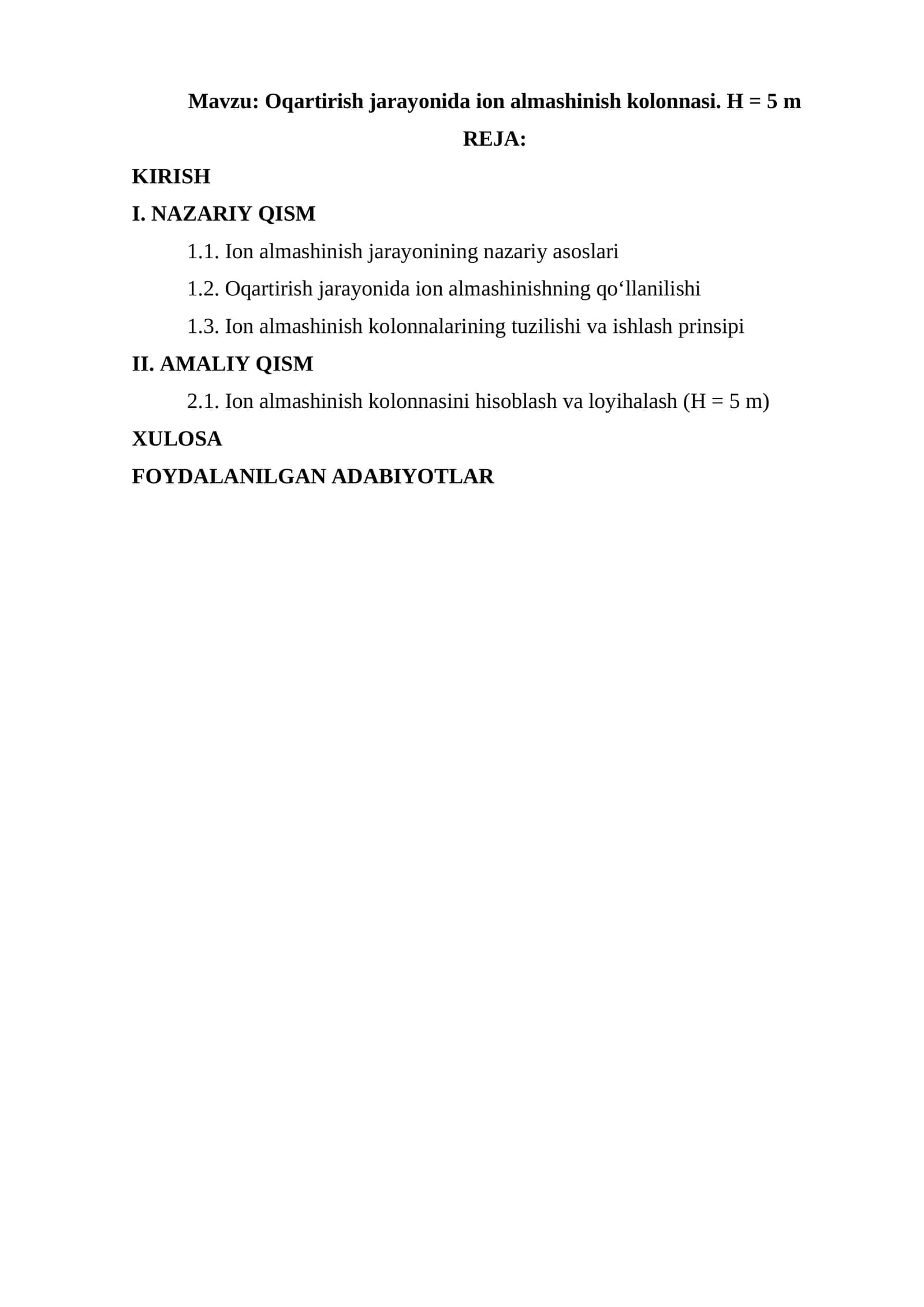Oqartirish jarayonida ion almashinish kolonnasi. H = 5 m 1