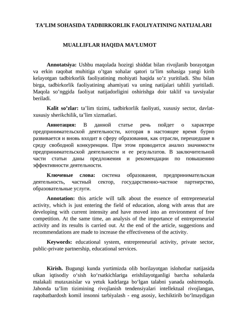 TA’LIM SOHASIDA TADBIRKORLIK FAOLIYATINING NATIJALARI 1
