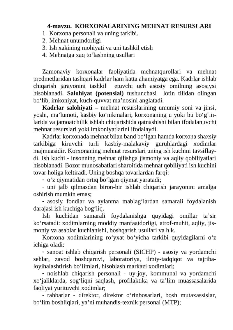 Korxonalarning mehnat resurslari 1