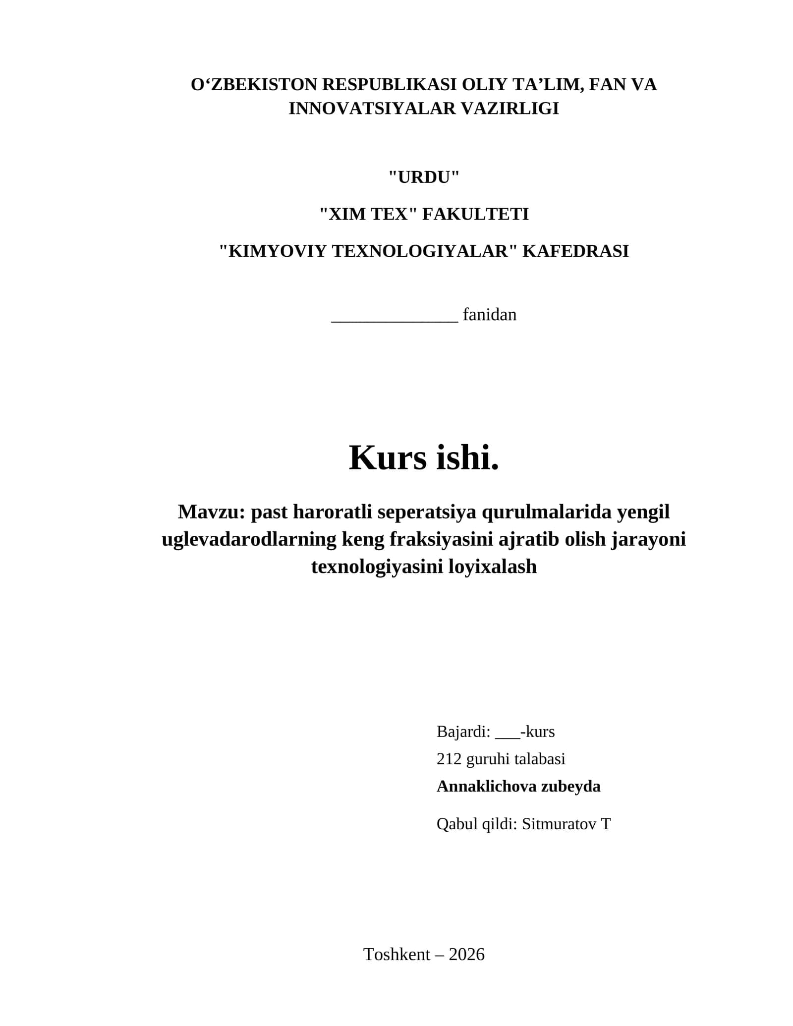 past haroratli seperatsiya qurulmalarida yengil uglevadarodlarning keng fraksiyasini ajratib olish jarayoni texnologiyasini loyixalash 1