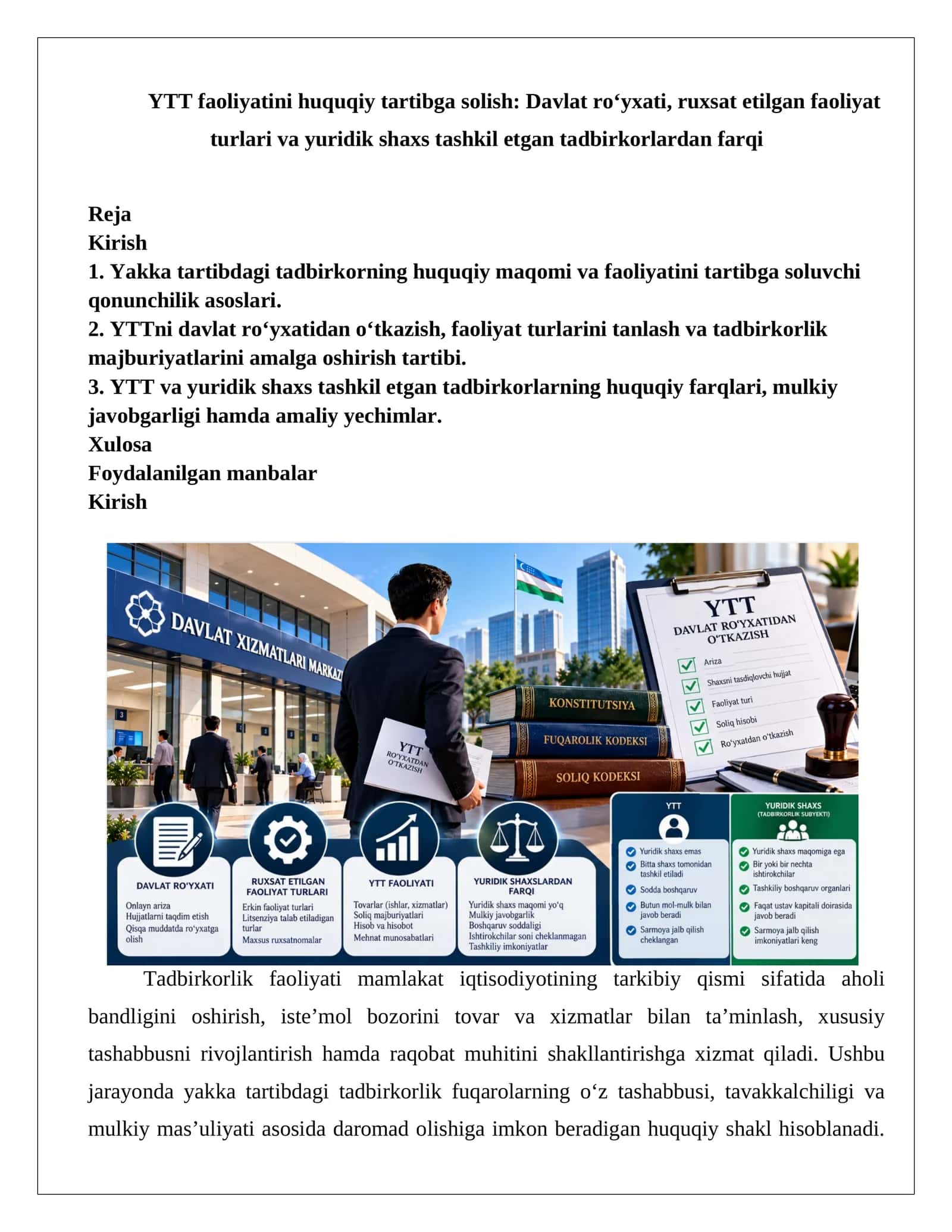 YTT faoliyatini huquqiy tartibga solish Davlat ro‘yxati, ruxsat etilgan faoliyat turlari va yuridik shaxs tashkil etgan tadbirkorlardan farqi referat.docx 1