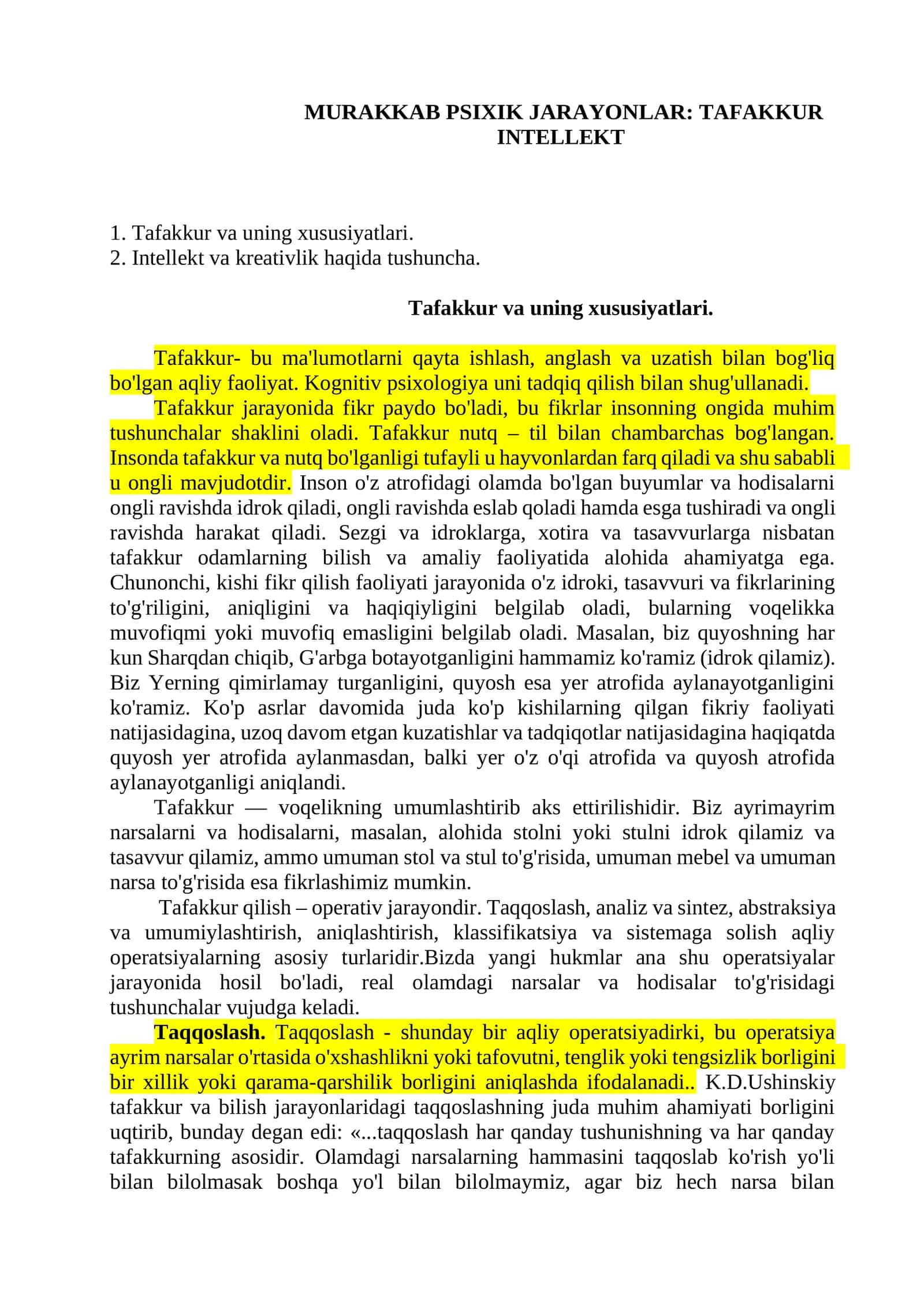 MURAKKAB PSIXIK JARAYONLAR: TAFAKKUR INTELLEKT 1