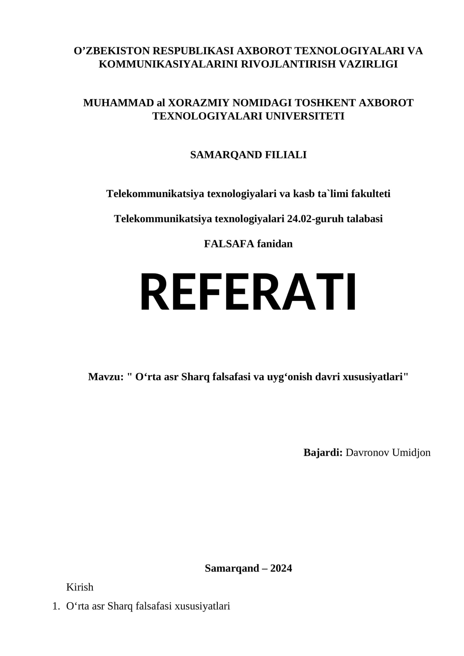"O‘rta asr Sharq falsafasi va uyg‘onish davri xususiyatlari" REFERATI 1