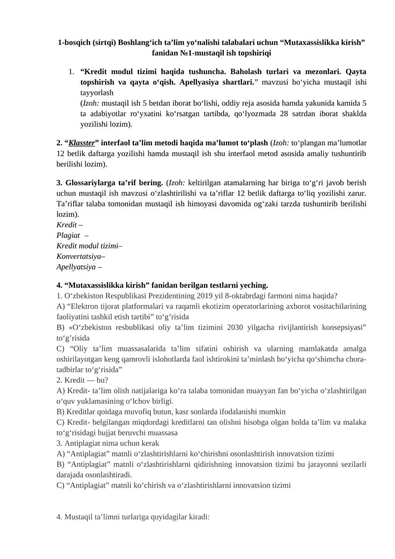 Mutaxassislikka kirish (Kredit modul tizimi haqida tushuncha) 1