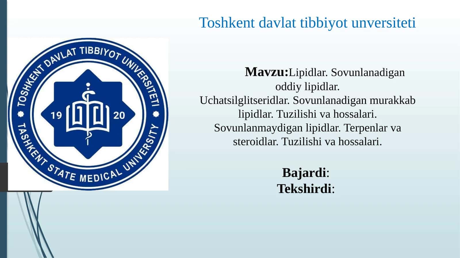 Lipidlar.Sovunlanadiganoddiylipidlar.Uchatsilglitseridlar.Sovunlanadiganmurakkablipidlar.Tuzilishivahossalari.Sovunlanmaydiganlipidlar.Terpenlarvasteroidlar.Tuzilishivahossalari 1