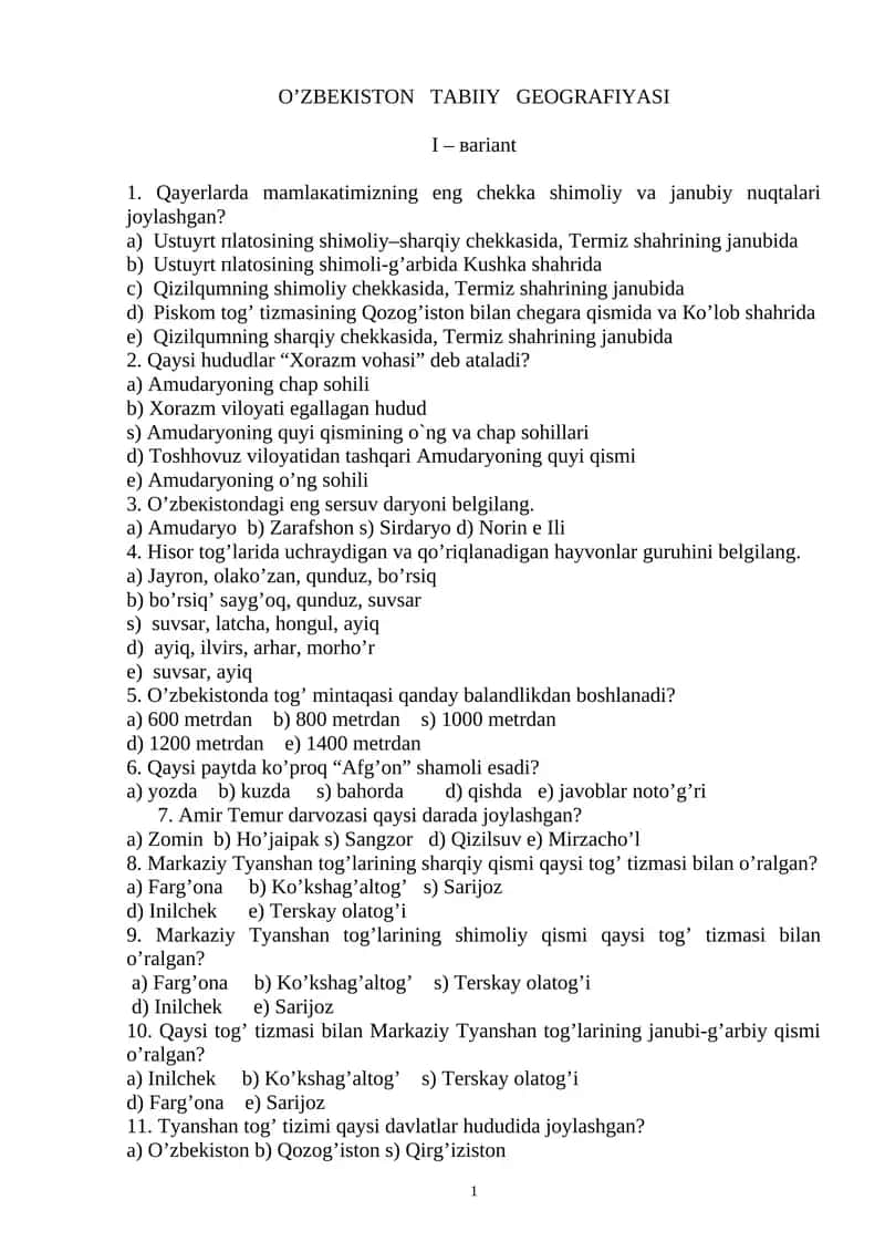 O’ZBЕКISTОN TАBIIY GЕОGRАFIYASI 1