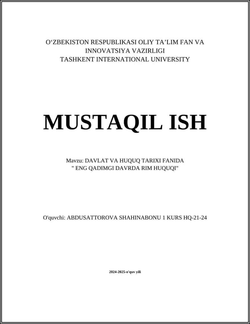 DAVLAT VA HUQUQ TARIXI FANIDA "ENG QADIMGI DAVRDA RIM HUQUQI" 1