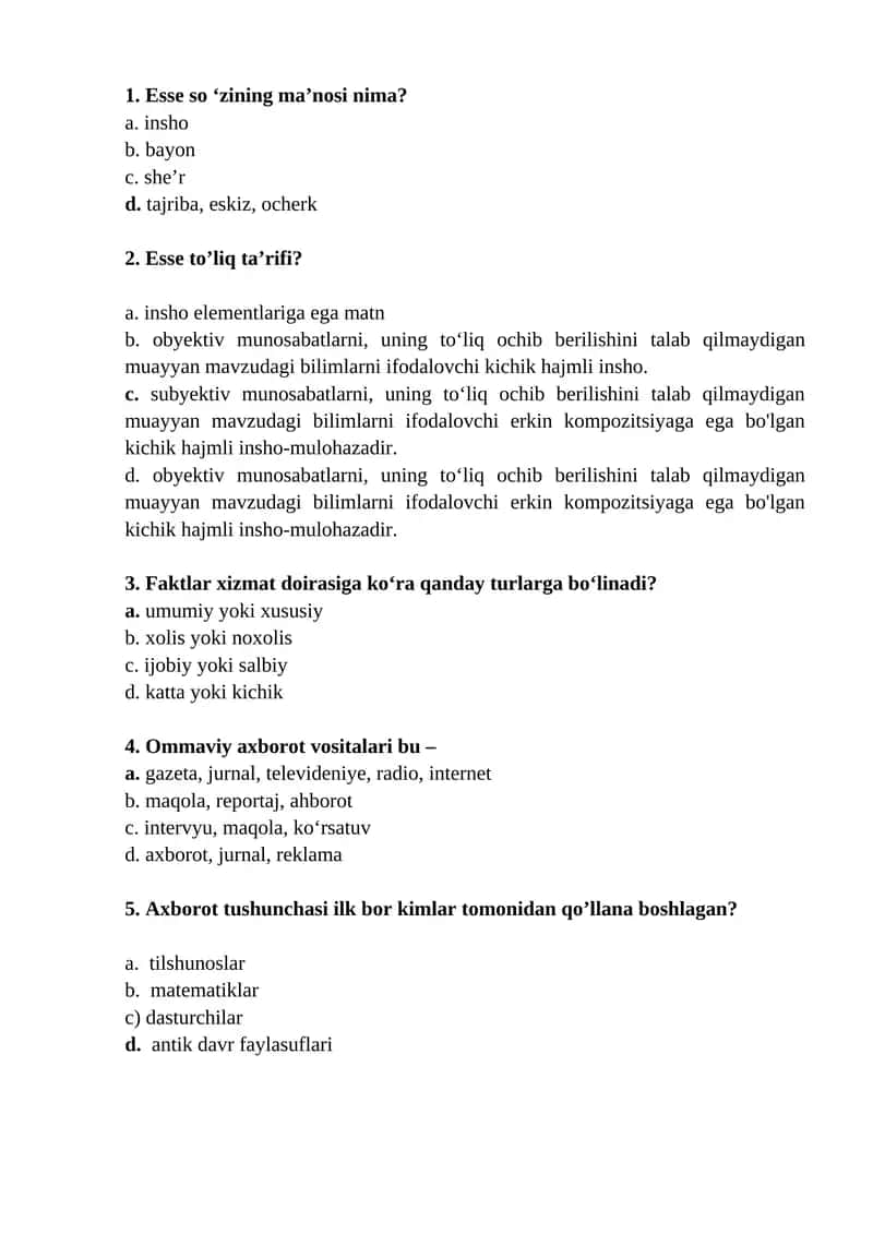Akademik yozuv fanidan "ESSE. ESSE TURLARI" mavzusida test savollari (javoblari bilan) 1