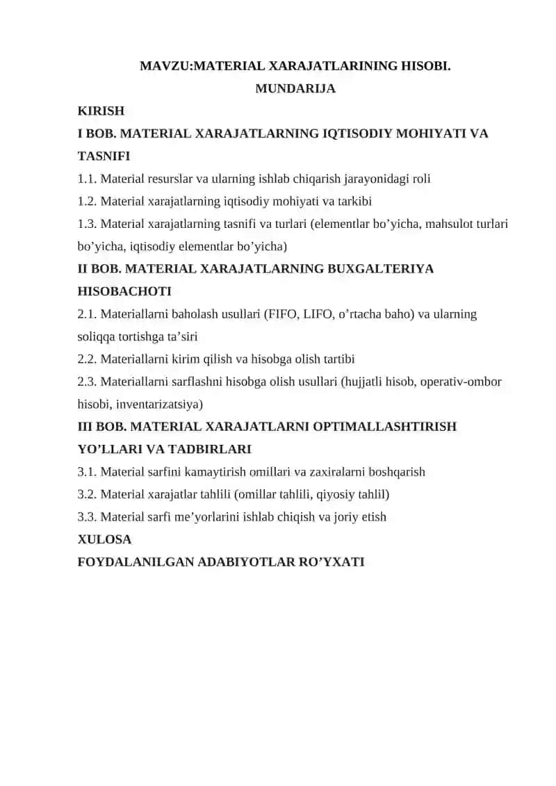 MATERIAL XARAJATLARINING HISOBI 1