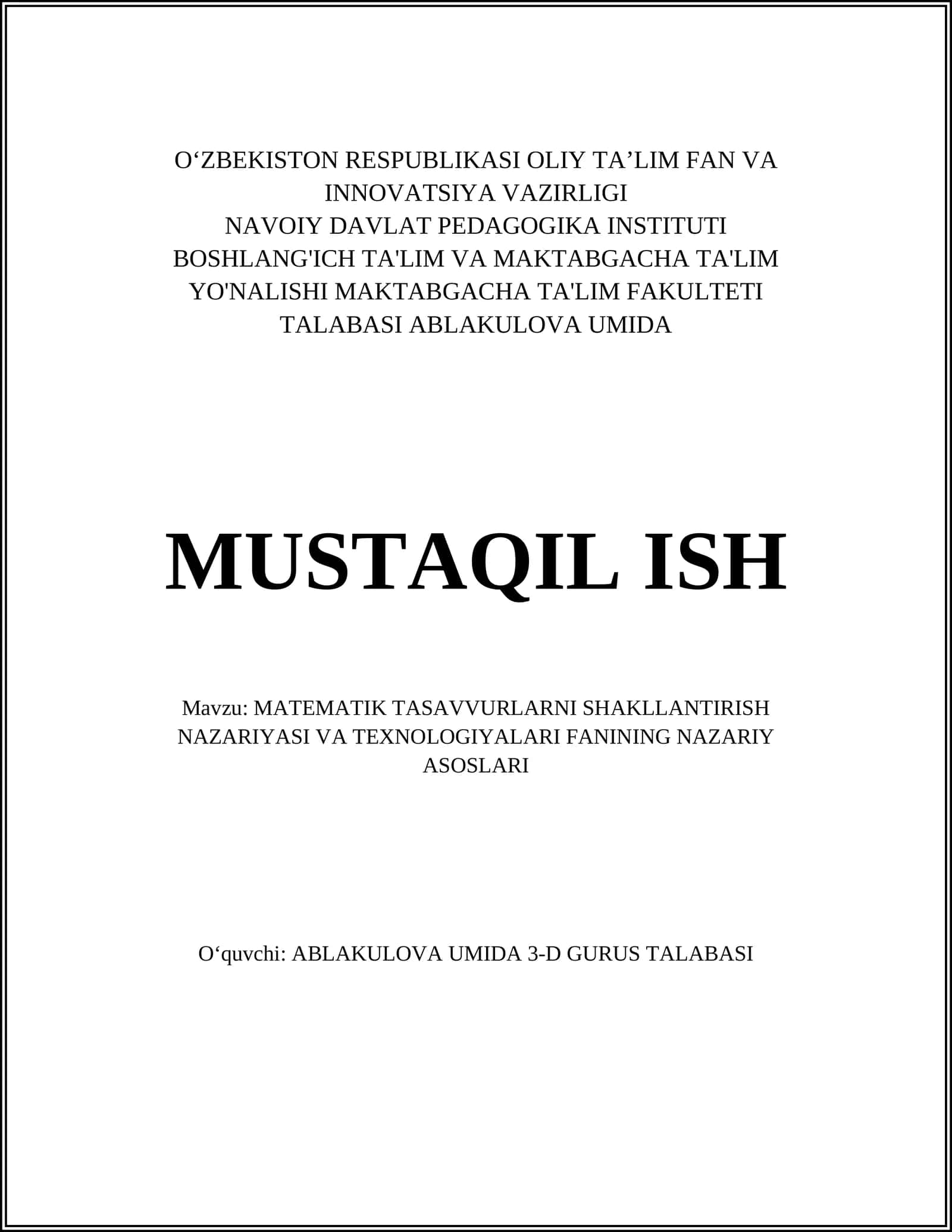 MATEMATIK TASAVVURLARNI SHAKLLANTIRISH NAZARIYASI VA TEXNOLOGIYALARI FANINING NAZARIY ASOSLARI 1