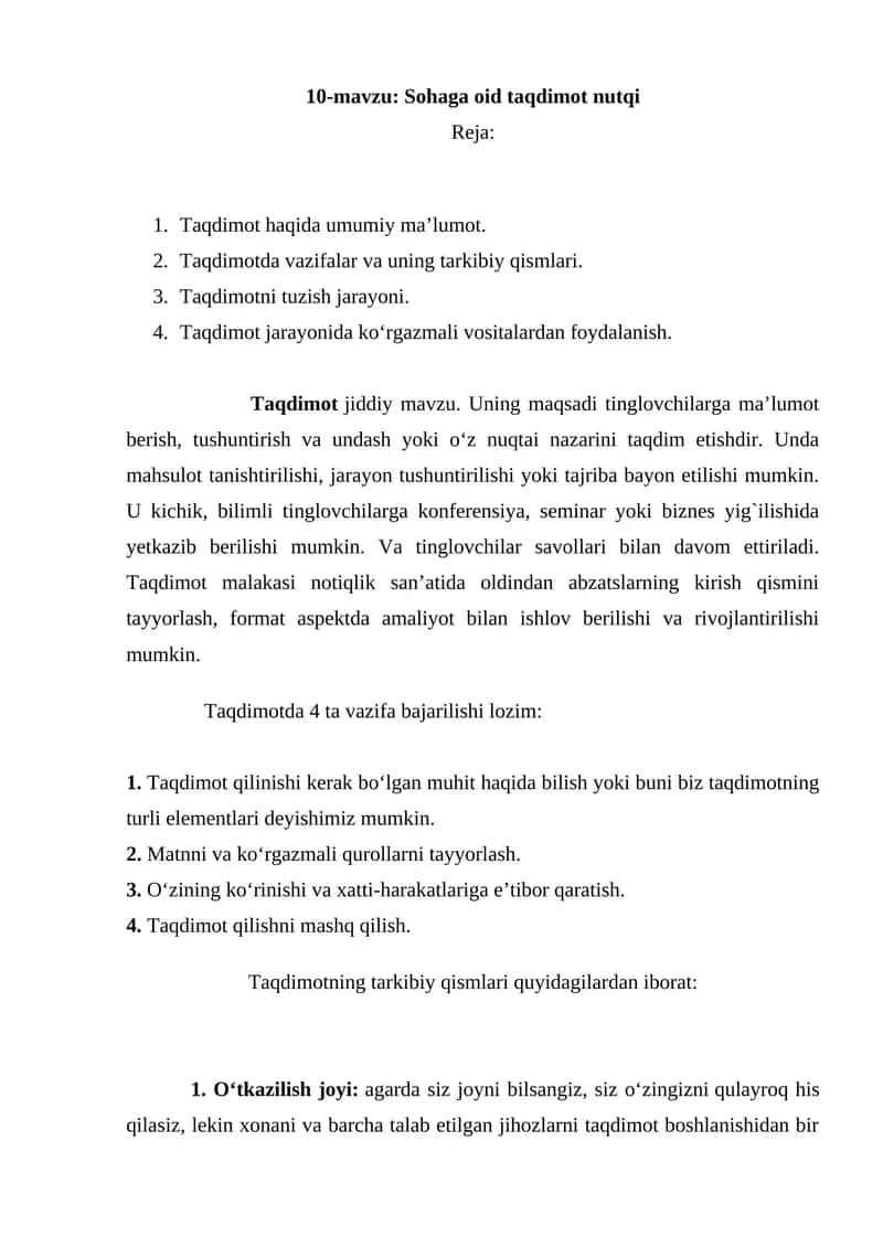 10-mavzu: Sohaga oid taqdimot nutqi 1