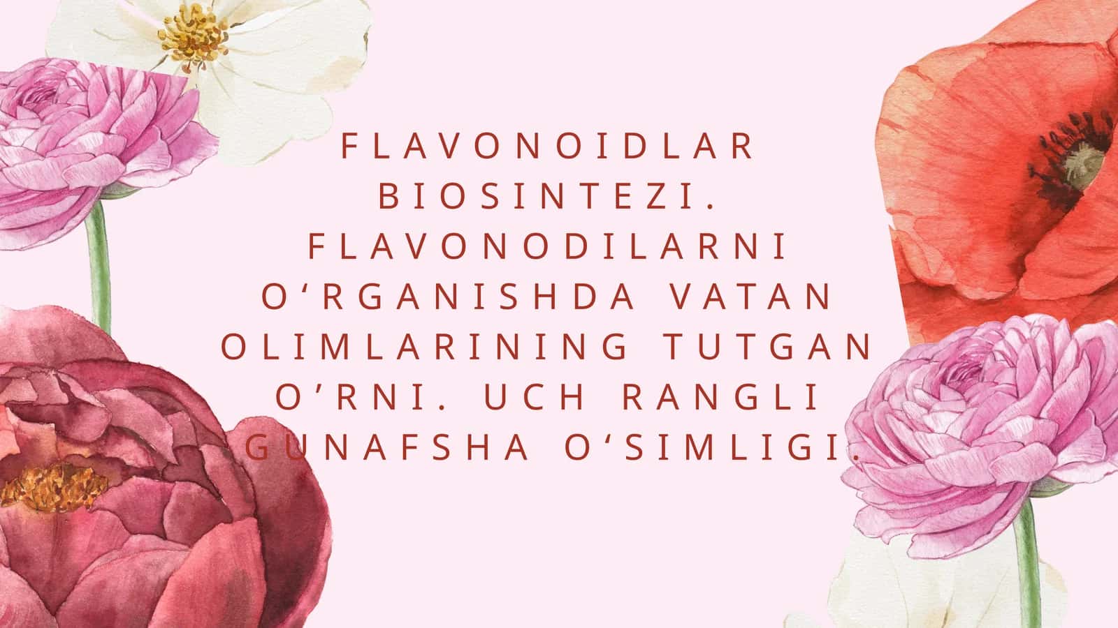 FLAVONOIDLAR BIOSINTEZI. FLAVONODILARNI O‘RGANISHDA VATAN OLIMLARINING TUTGAN O’RNI. UCH RANGLI GUNAFSHA O‘SIMLIGI 1