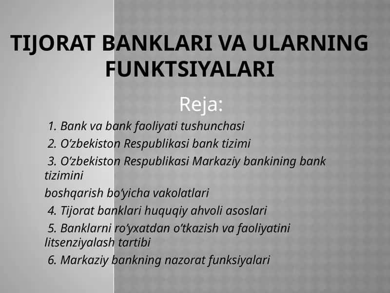 Tijorat banklari va ularning funktsiyalari 1