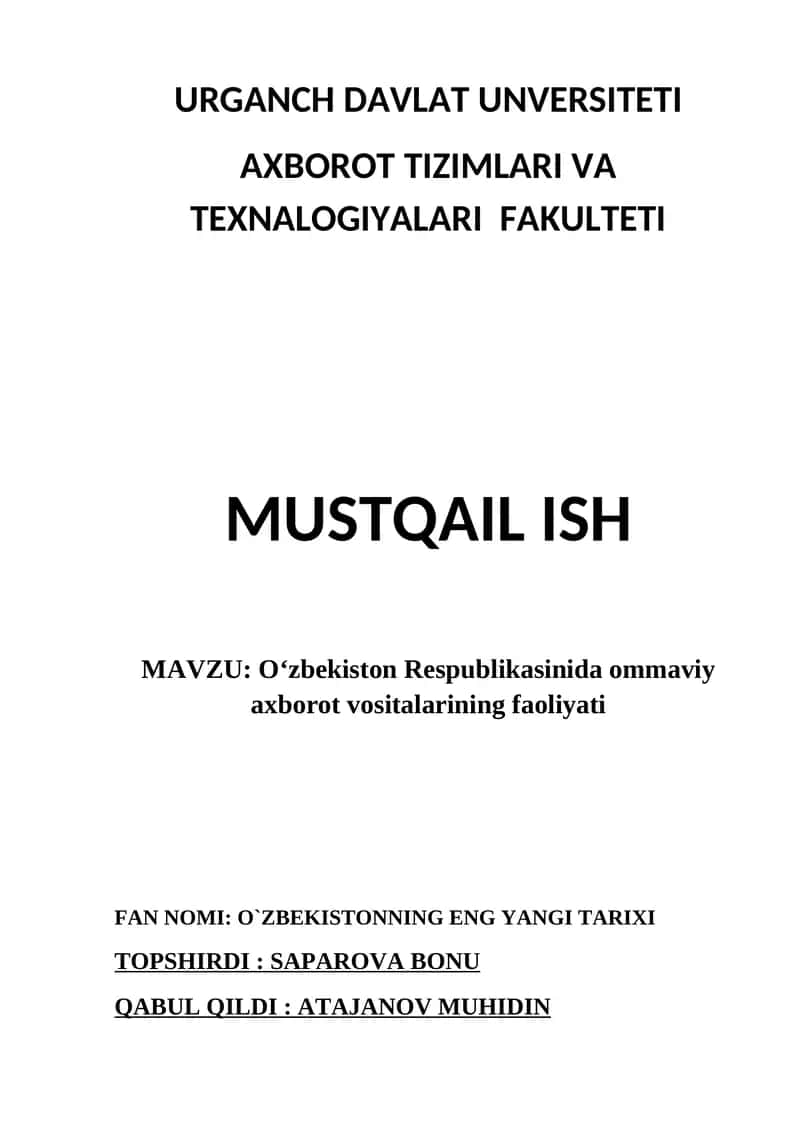 Oʻzbekiston Respublikasinida ommaviy axborot vositalarining faoliyati 1