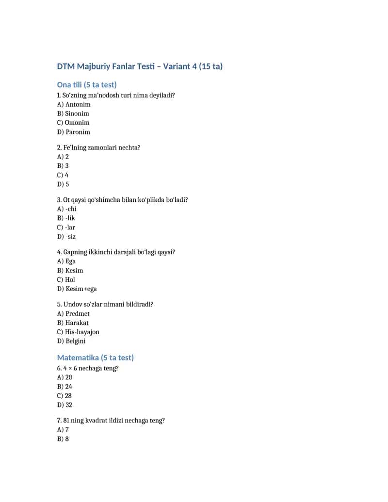 DTM majburiy 3 fan (ona tili, matematika, tarix) bo‘yicha 15 talik test Word faylda 4-namuna. 1