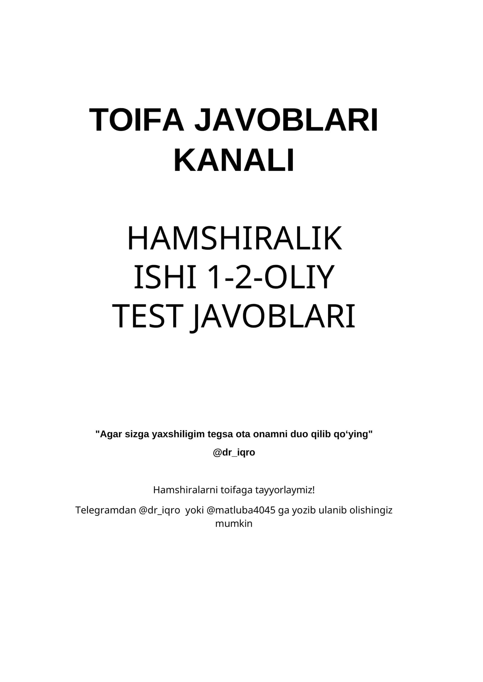 Ҳамширалик иши 1-2-ОЛИЙ TEST JAVOBLARI 1