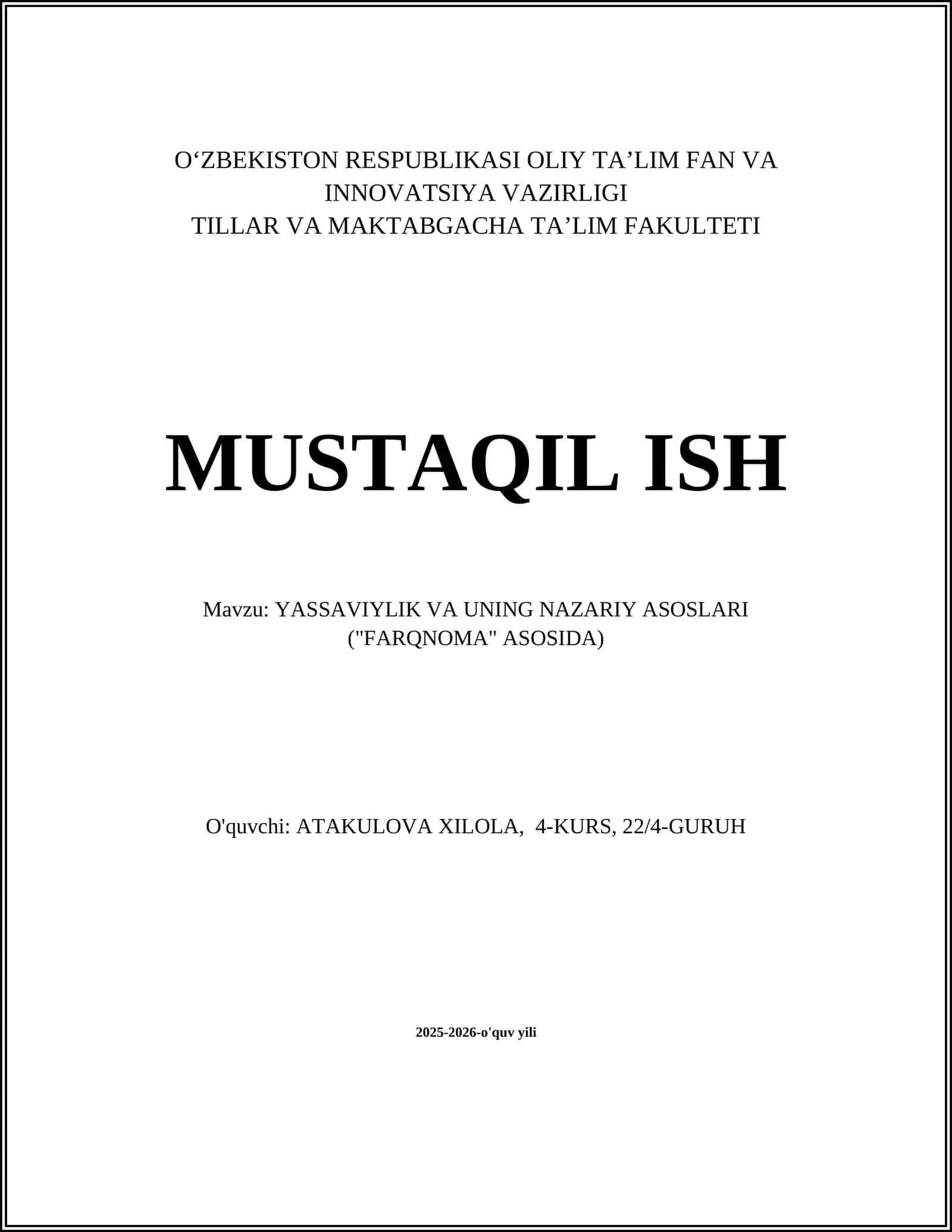 YASSAVIYLIK VA UNING NAZARIY ASOSLARI ("FARQNOMA" ASOSIDA) 1