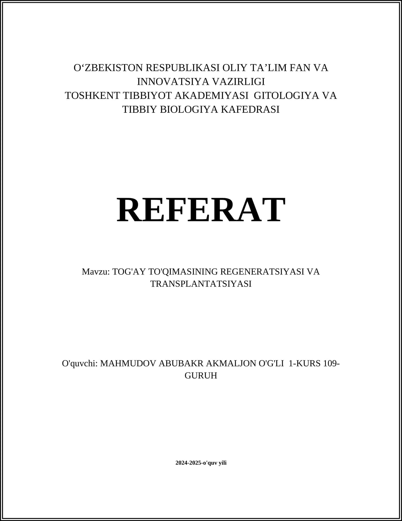 TOG'AY TO'QIMASINING REGENERATSIYASI VA TRANSPLANTATSIYASI 1