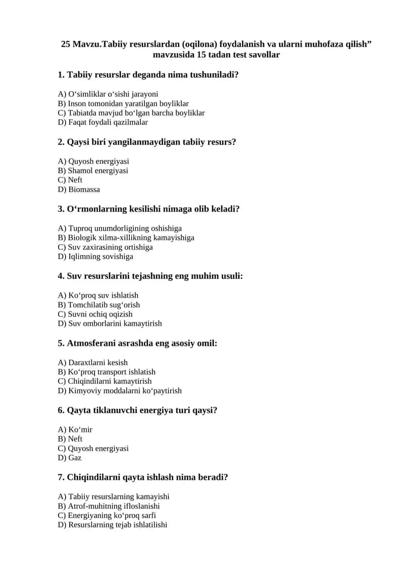 25 Mavzu.Tabiiy resurslardan (oqilona) foydalanish va ularni muhofaza qilish 1
