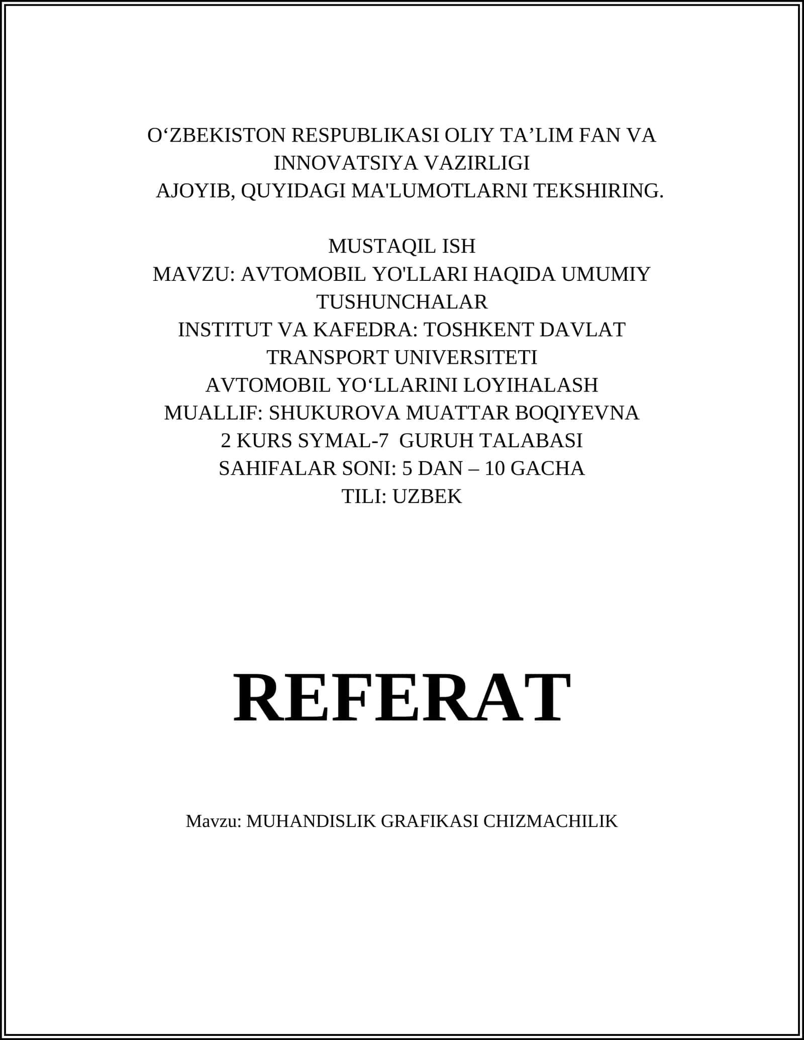 MUHANDISLIK GRAFIKASI CHIZMACHILIK 1