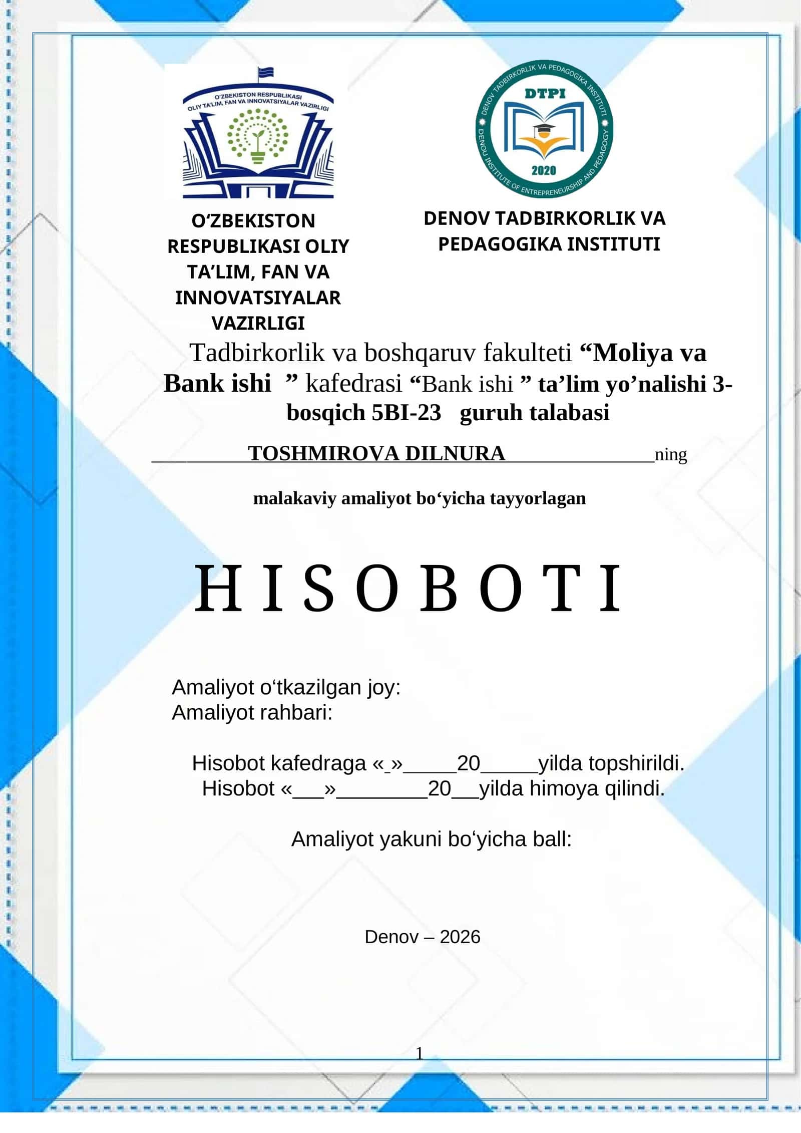 Trastbank XAB Termiz BXO filialining tashkiliy va faoliyati tuzilishi VA AMALYOT HISOBOTI 1